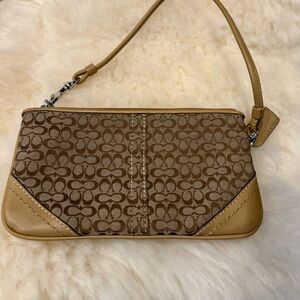 Coach Corner Zip Wristlet Eat 1941 Canvas and leather trim in camel color
